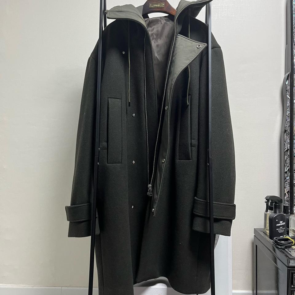 정품 46) 준지 Juun.j 투톤 카키 후드 롱 코트