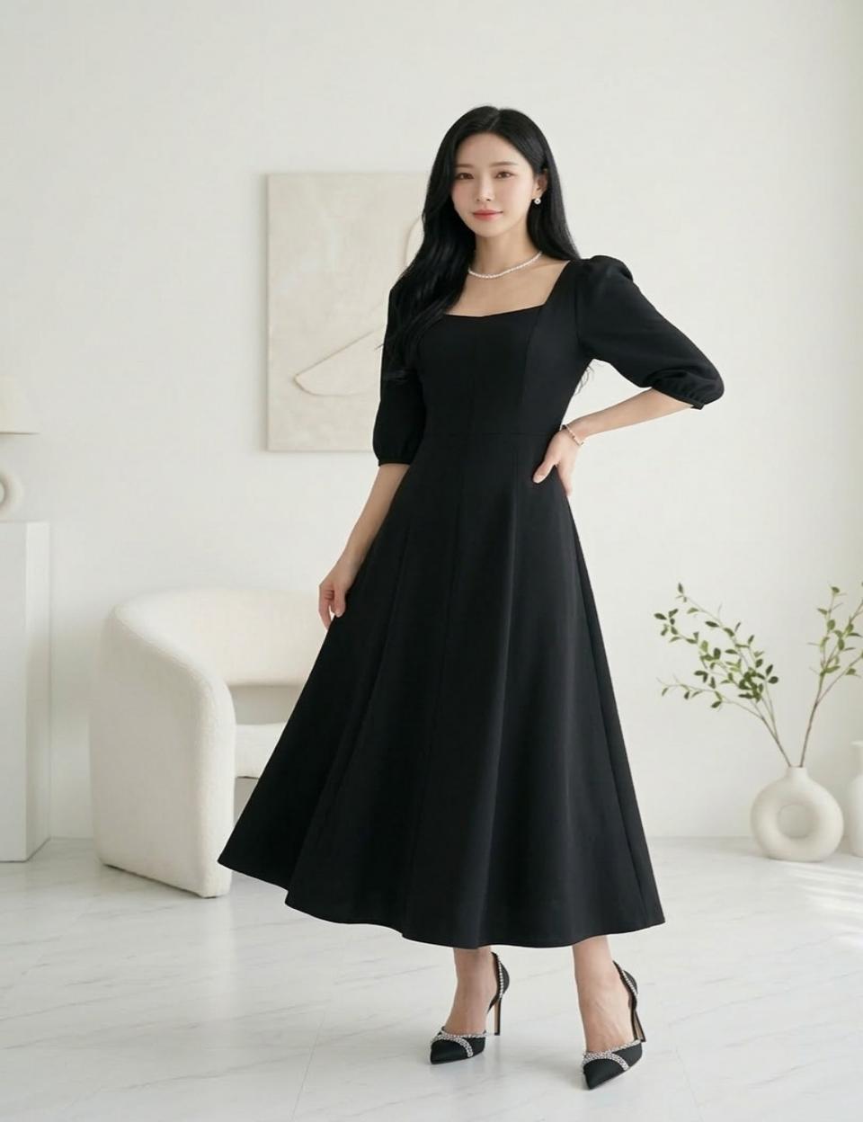 u넥 퍼프소매 A라인 롱원피스 모임룩 하객룩ㅡ무배