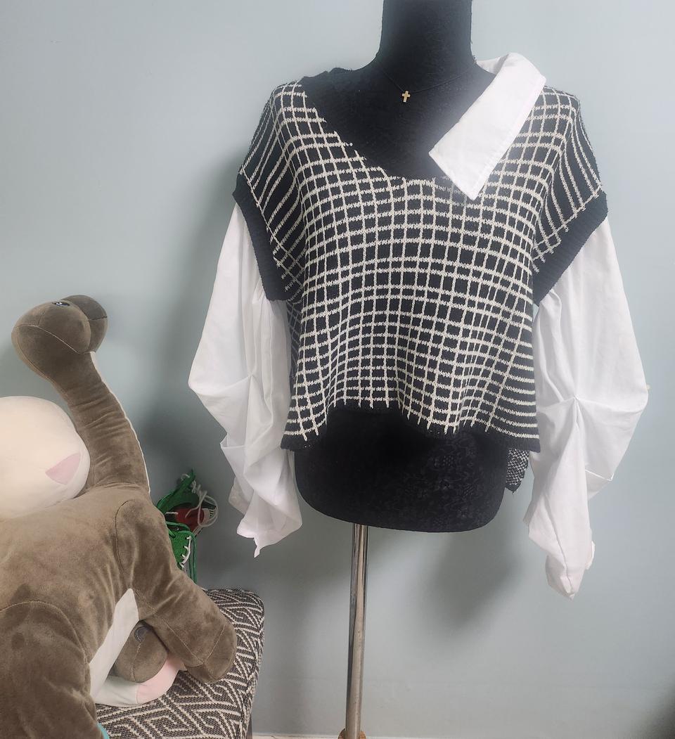 체크 니트 조끼 셔츠 레이어드 블라우스