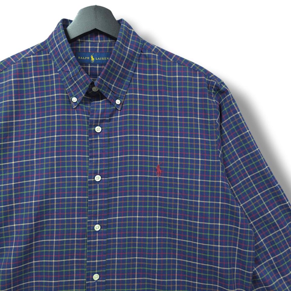 [L] 폴로 네이비 타탄체크 버건디포니 코튼 긴팔셔츠