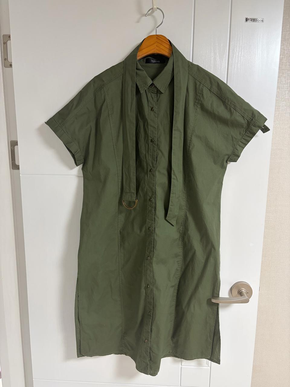 (일본 수입 빈티지)반팔 카키 원피스 롱 면100 옆트임 벨트세트 L