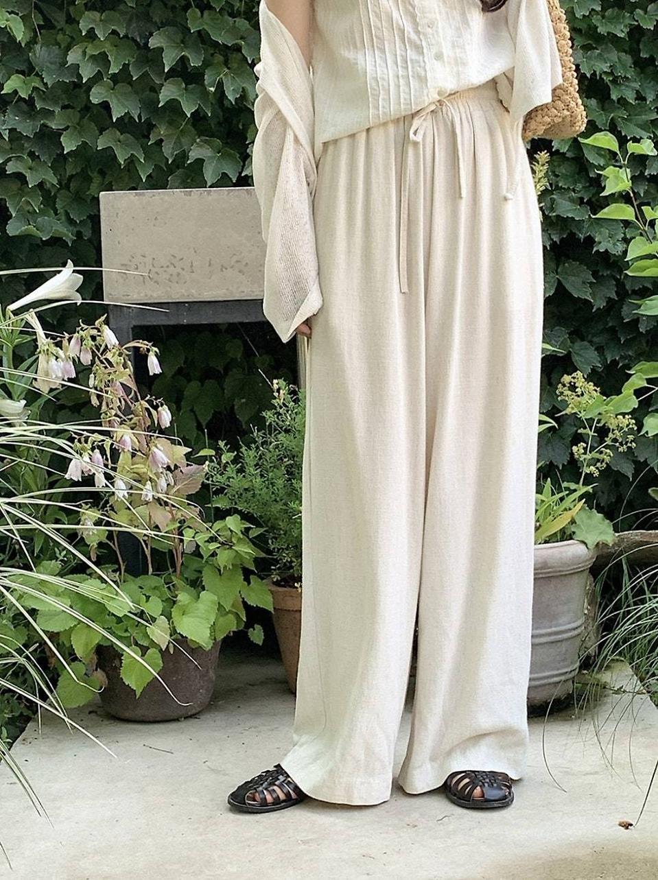 고고싱 린넨 코튼 와이드 밴딩 팬츠 오트밀 155/xs