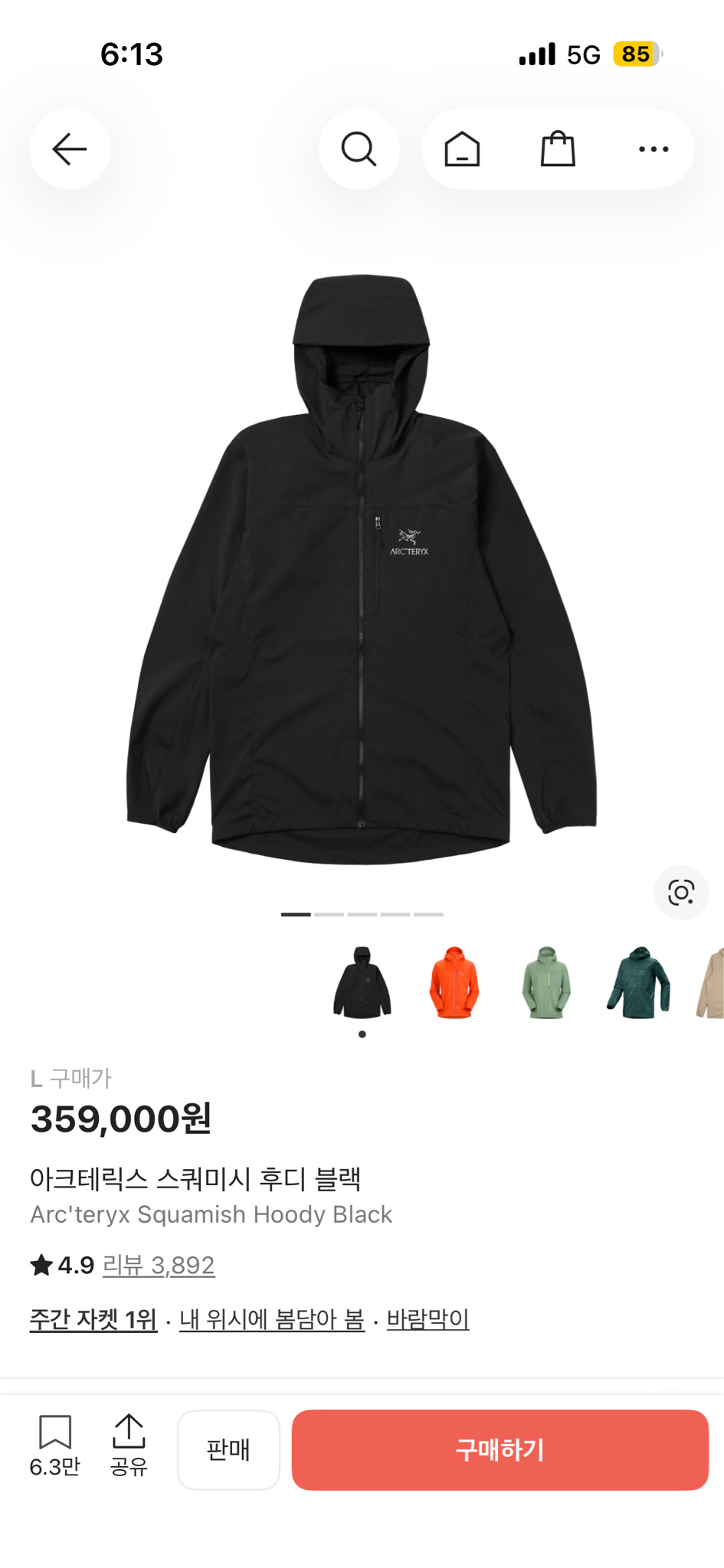 아크테릭스 스쿼미시 후디 블랙 L