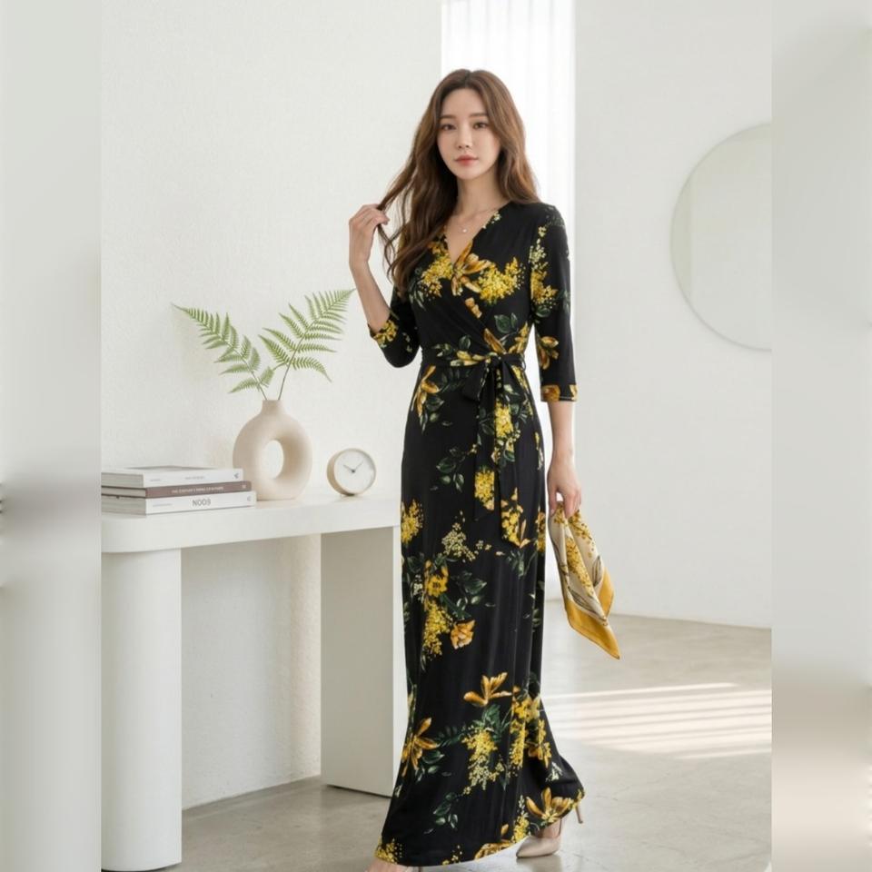 플라워 랩 롱 원피스 슬림핏 브이넥 꽃무늬 휴양지룩ㅡ무배