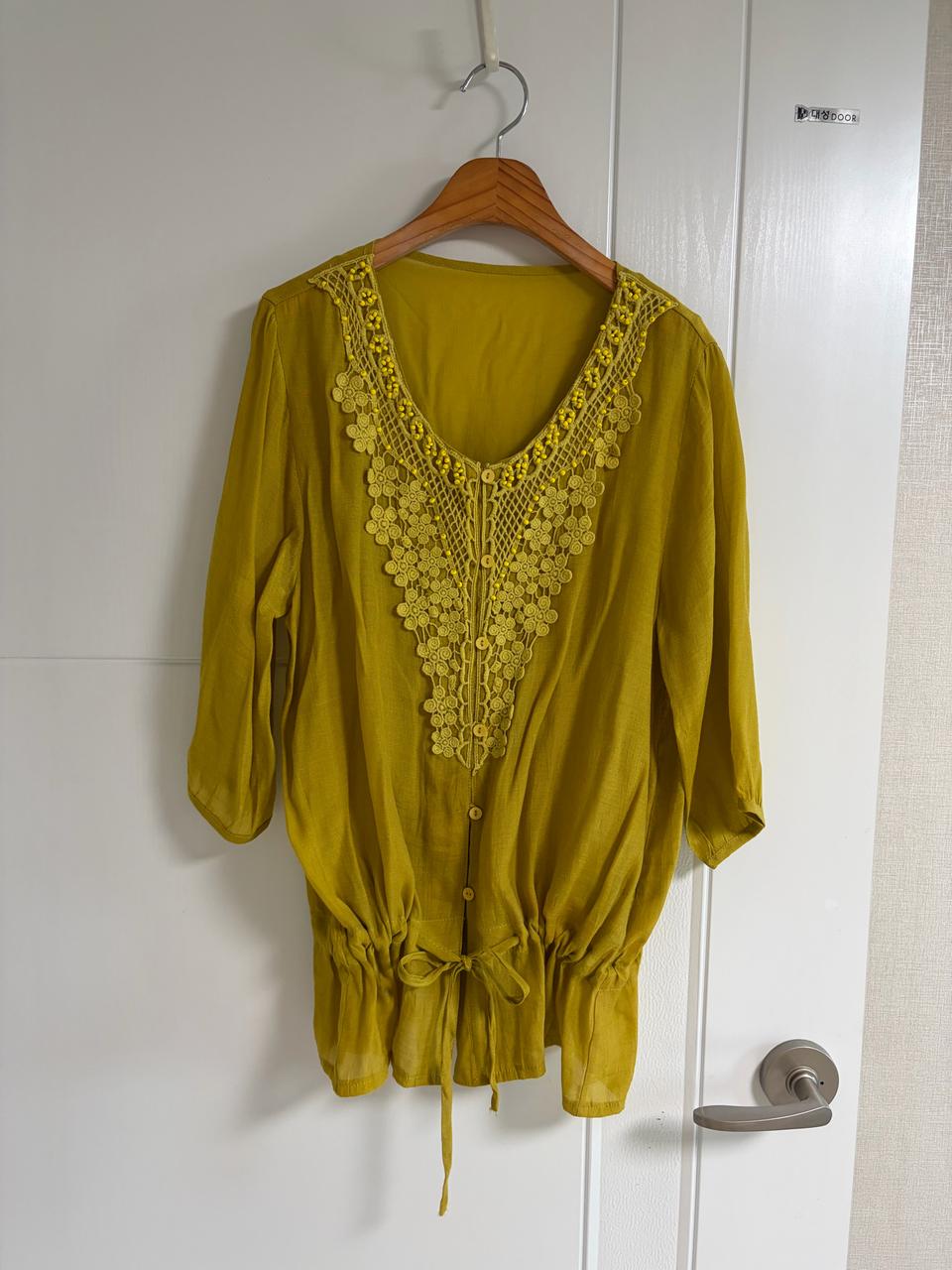 (일본 수입 빈티지)블라우스 티셔츠 머스타드 꽃 레이스 레이온 M-L