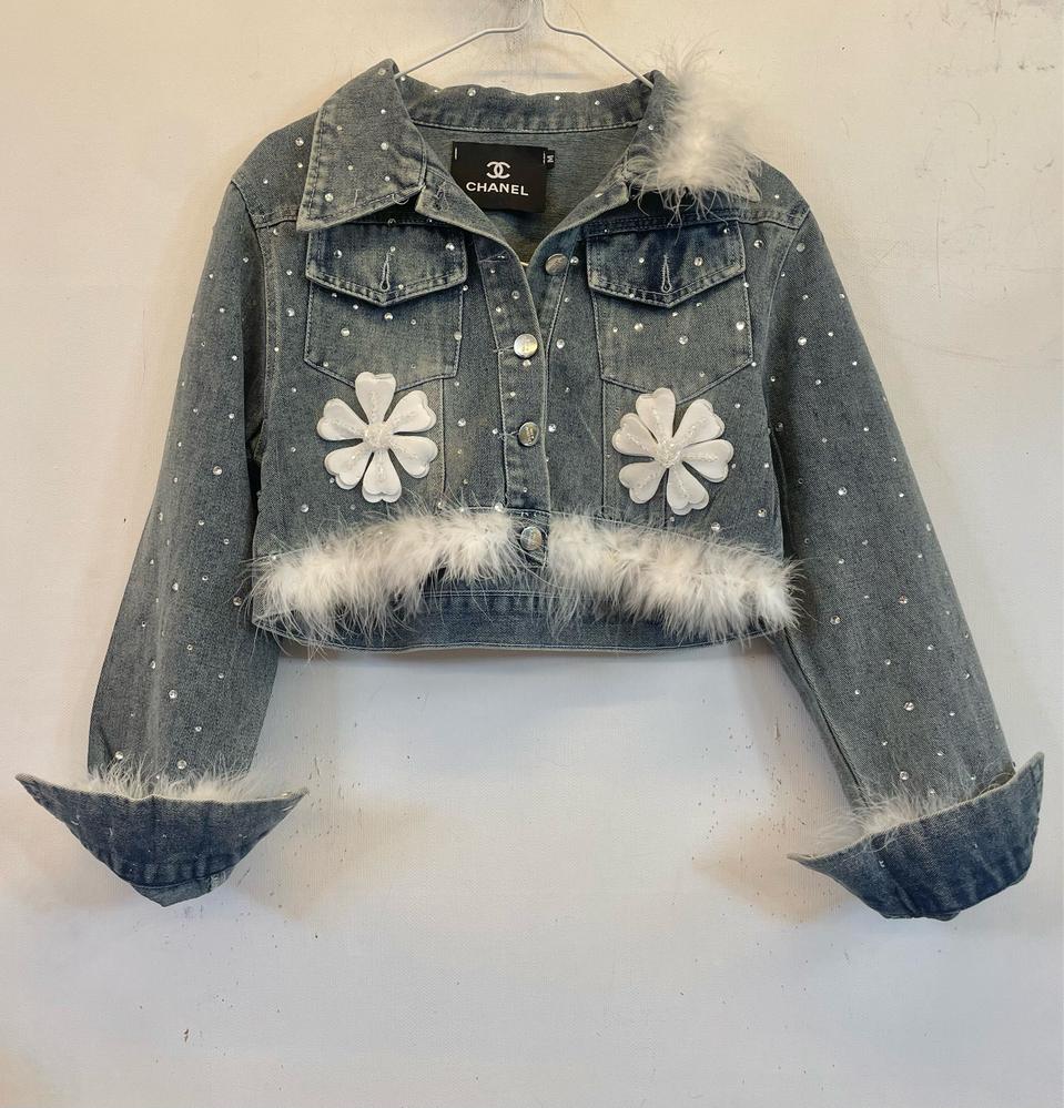 희귀템 플라워 큐빅 데님자켓 청자켓 숏자켓 크롭자켓