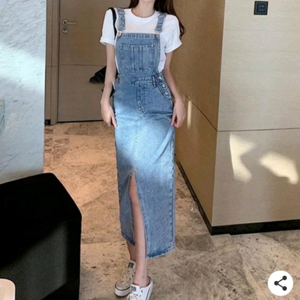 멜빵 데님 롱스커트