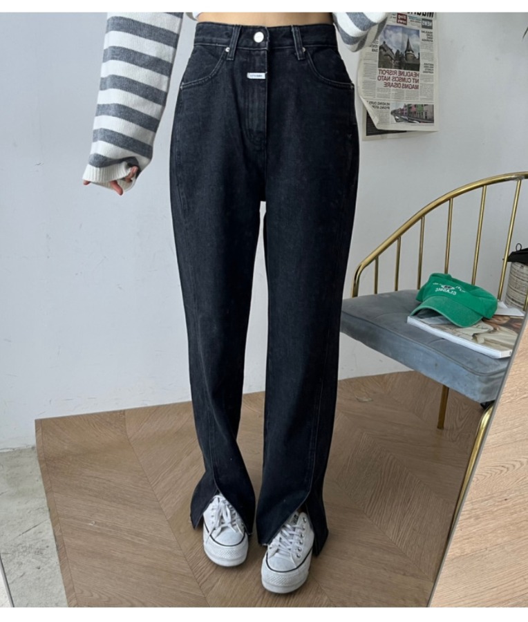 제이핏 블랙 데님 트임 패치 팬츠 S