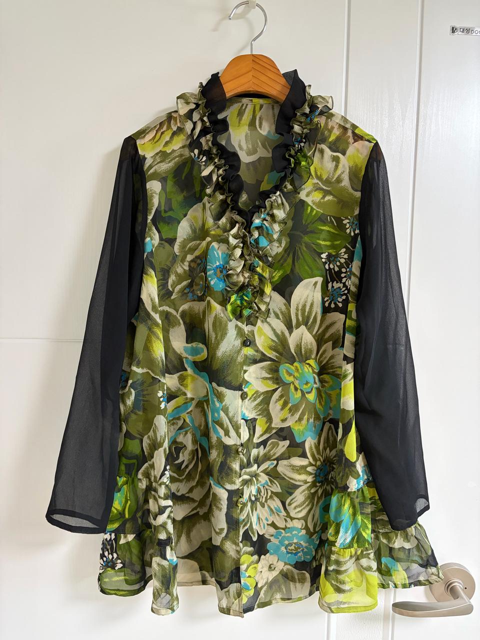 (일본 수입 빈티지)블라우스 셔츠 시스루 프릴 꽃 긴팔