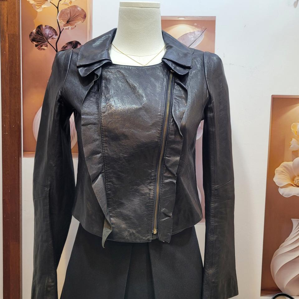 프릴 장식 집업 가죽 자켓