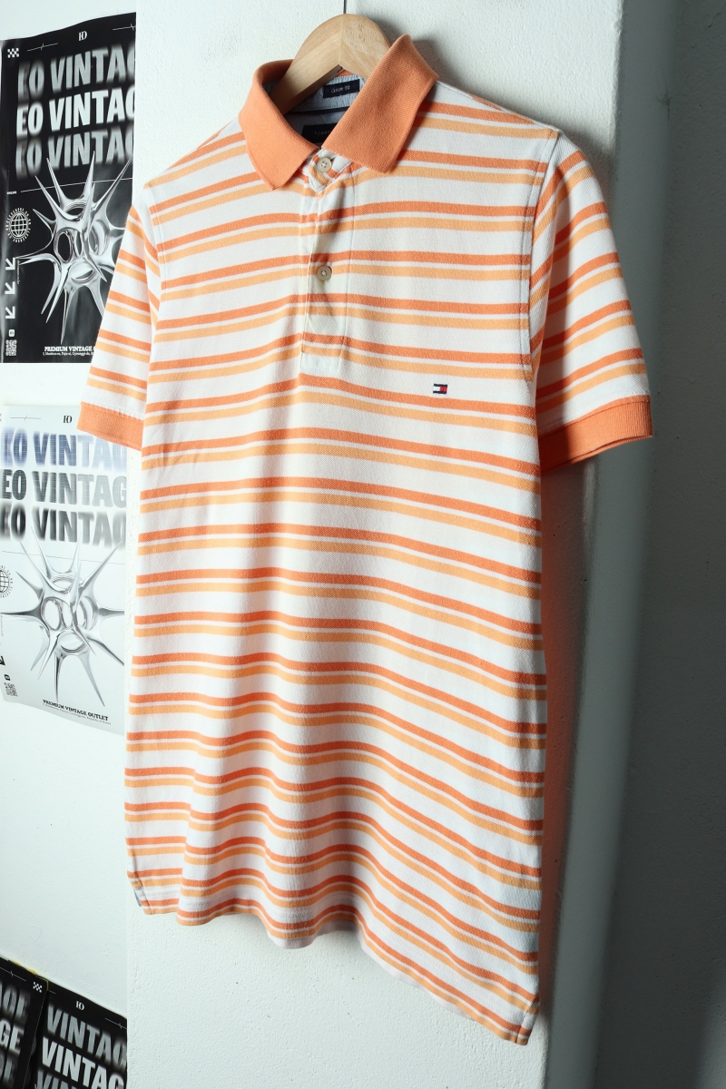 (S-M) 타미힐피거 반팔 카라 티셔츠 스트라이프 오렌지-17C9A