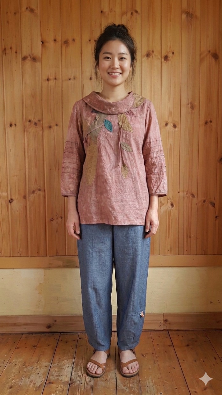 * 천연염색 코사지 인견 블라우스 (새상품)