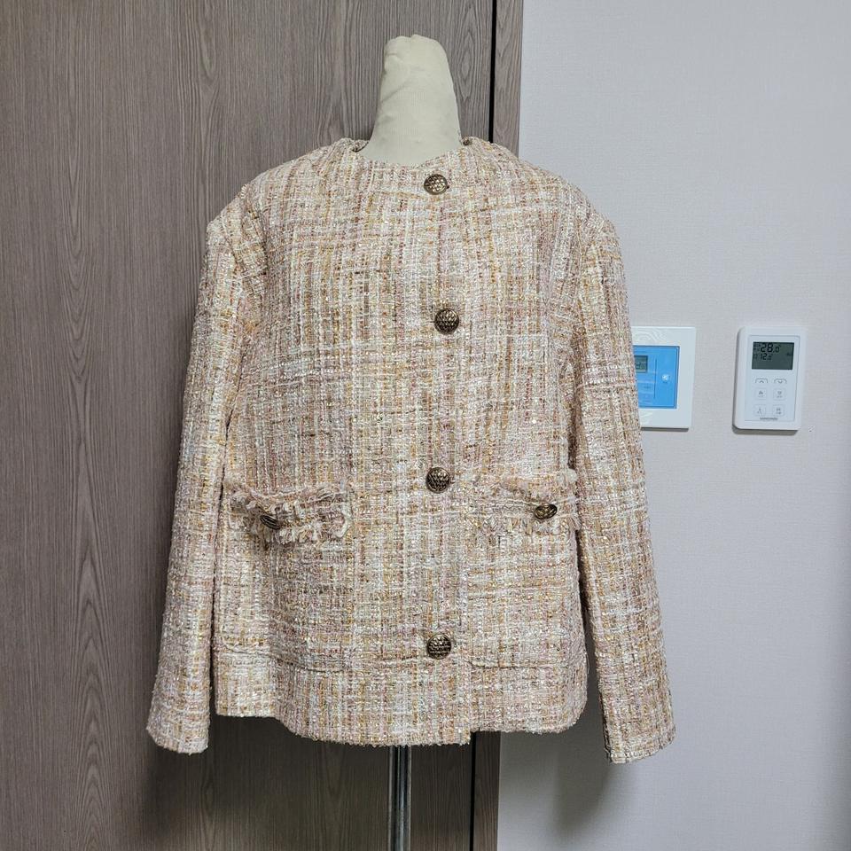 새거 그레이룸 트위드 노카라 자켓