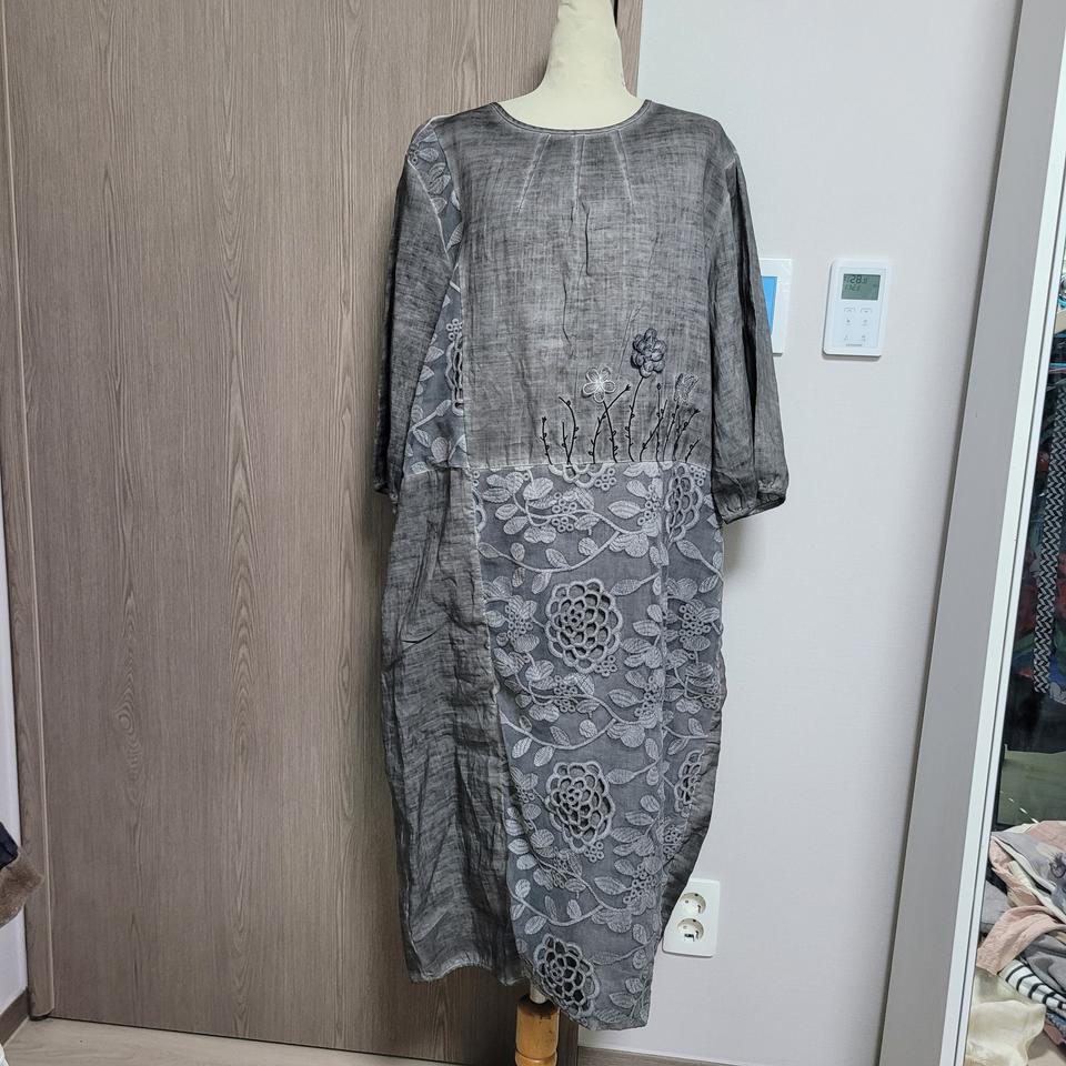 천연염색느낌  린넨  꽃무늬 롱 원피스 L