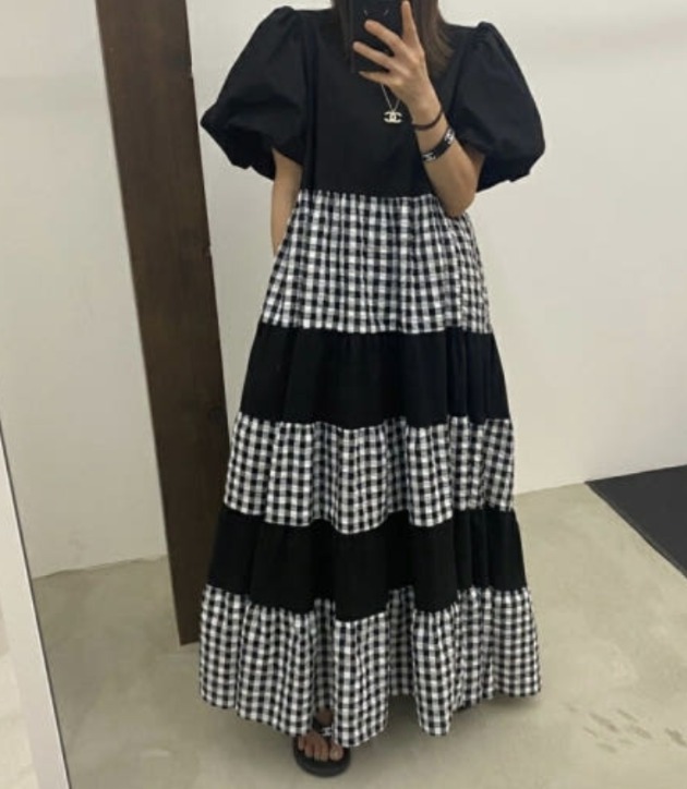 L10 퍼프소매 체크롱원피스