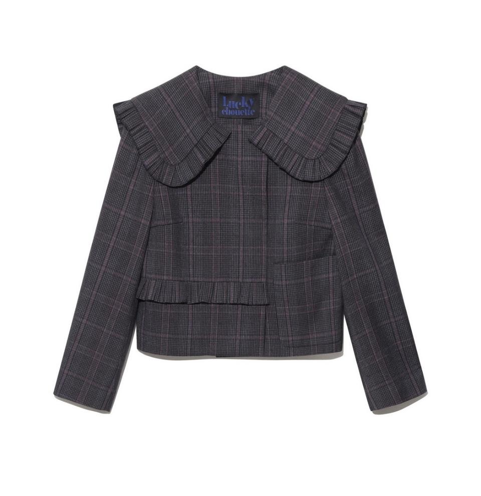 럭키슈에뜨 자켓 38, 세일러카라 + 플리츠 장식, 체크, 러플 빅 카라
