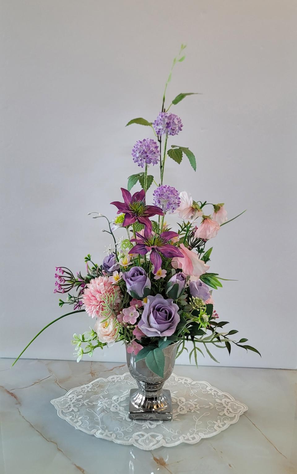 (새상품)고급 실버화병과 퍼플조화꽃세트