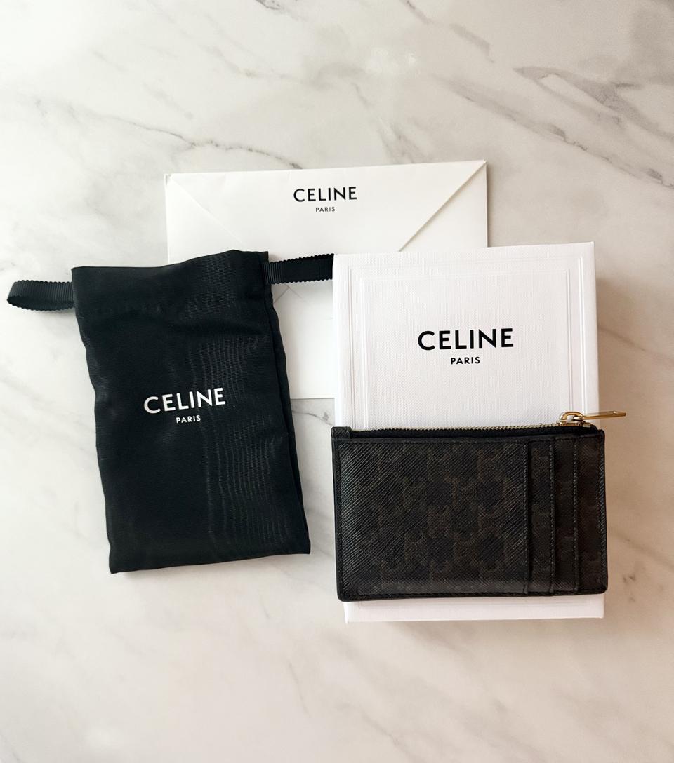 [A+급/정품] 셀린느 트리옹프 캔버스 & 램스킨 지퍼 카드 홀더 탄