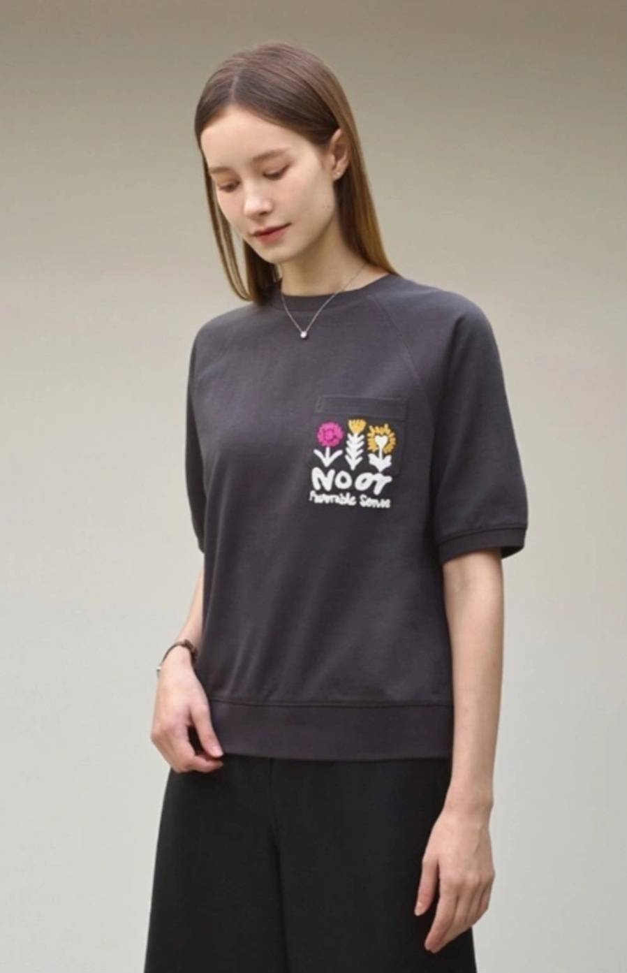 [노어]고퀄 포켓 자수면티 새상품M(77까지)