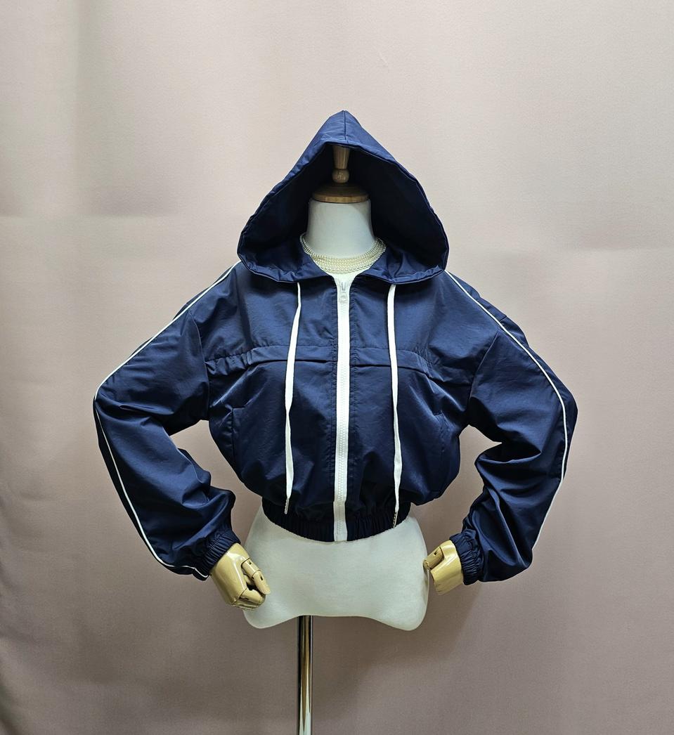 라인배색 후드 크롭 바람막이 집업점퍼