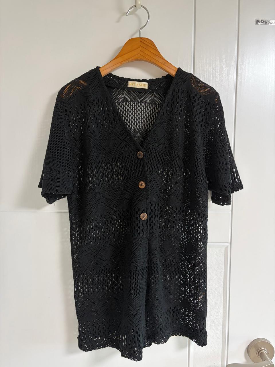 (일본 수입 빈티지)반팔 니트 가디건 뜨개 레이스 블랙 브이넥 시스루