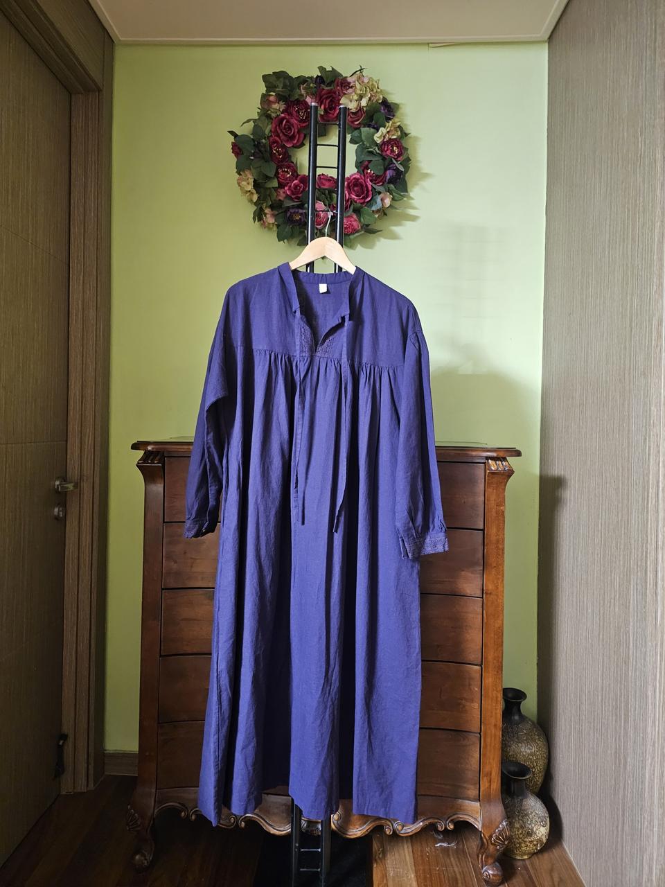 보라색 레이스배색 광목 원피스