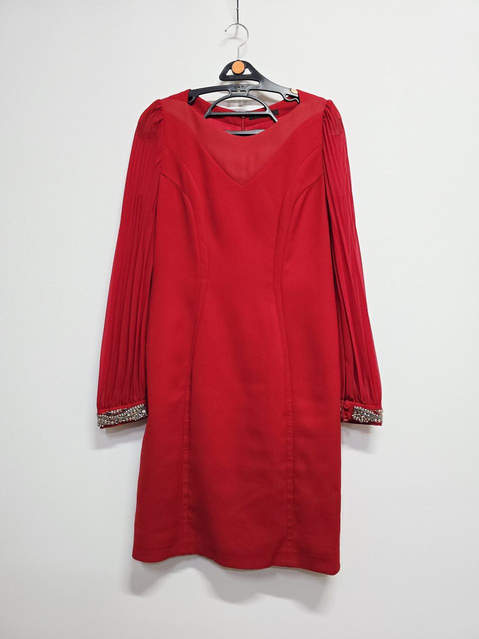 미니멈 레드 롱 슬리브 원피스 큐빅 장식