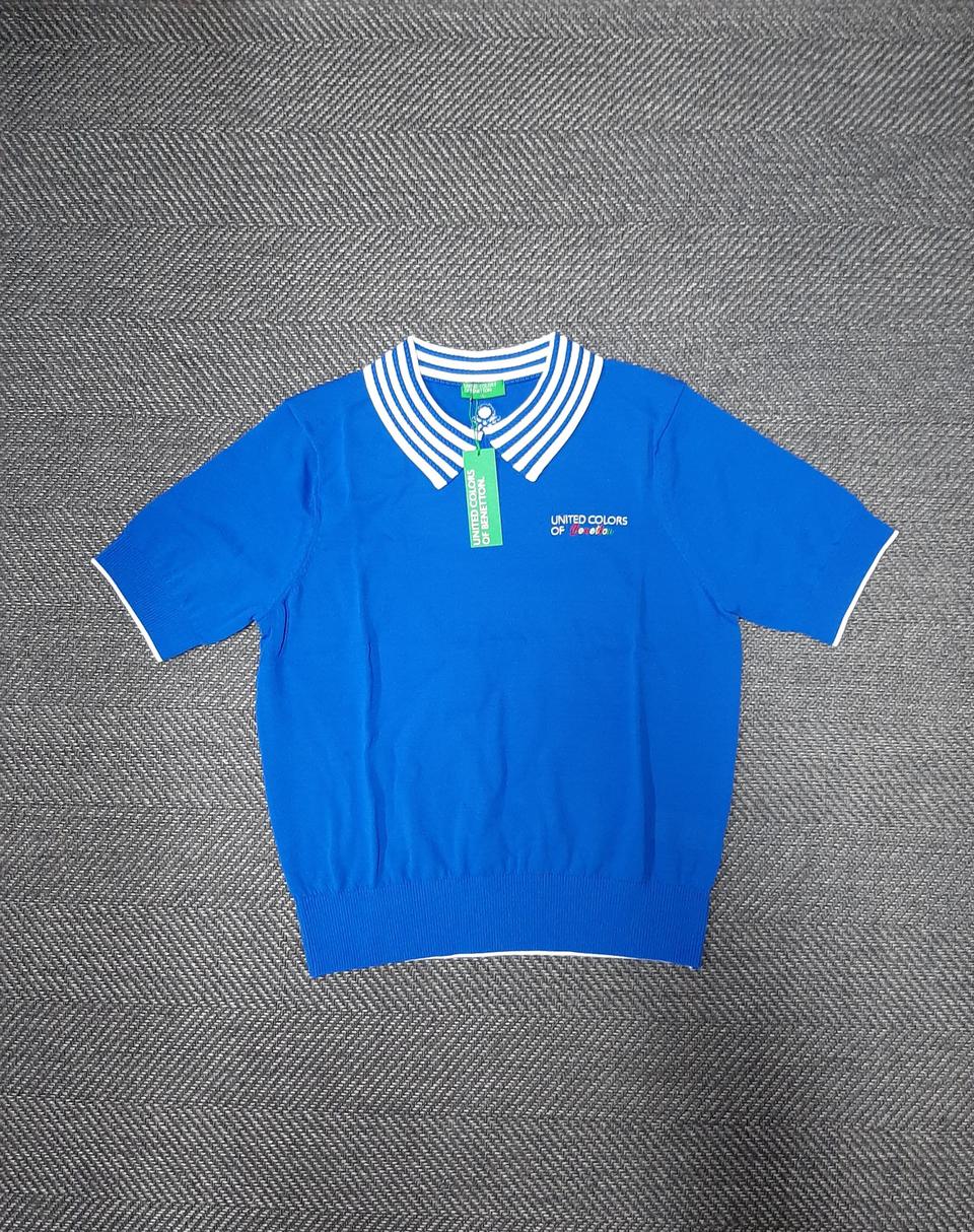 베네통 25ss 블루 반팔 카라 니트