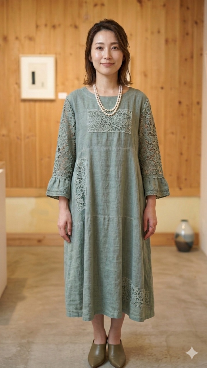 * 천연염색 면마 레이스 롱원피스 (새상품)