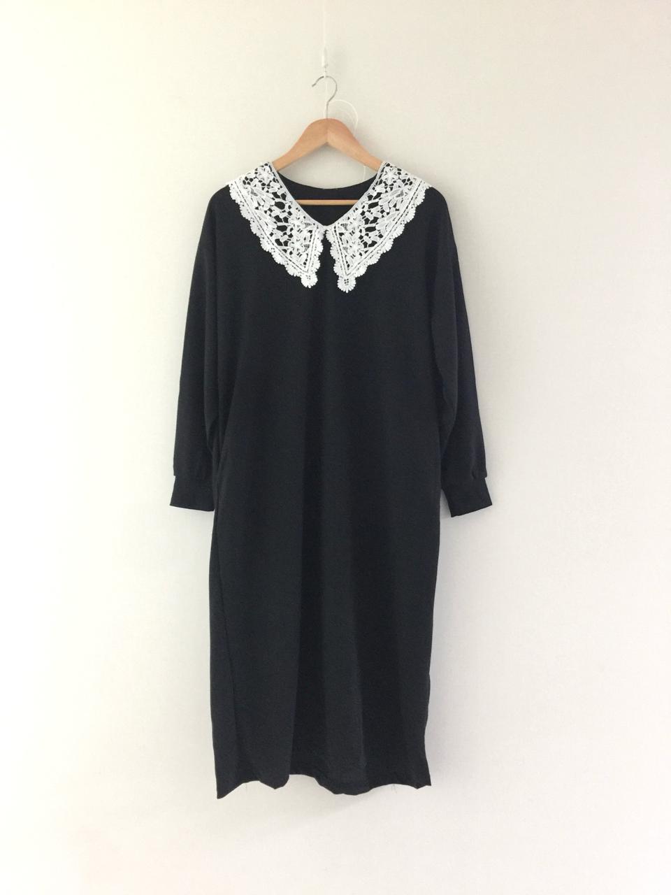 (새) 블랙 레이스카라 롱 원피스