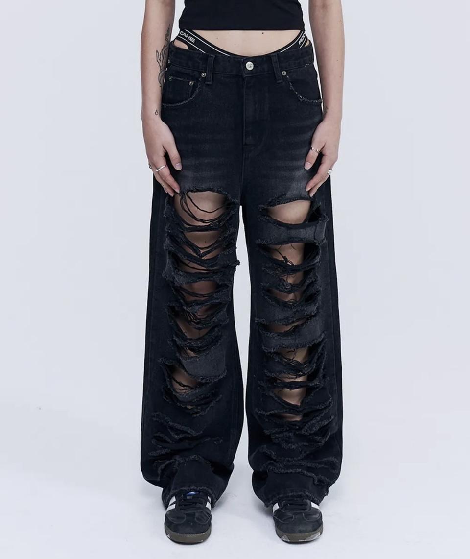 [새상품] 락케이크 피아 데미지 와이드 진 블랙 XS