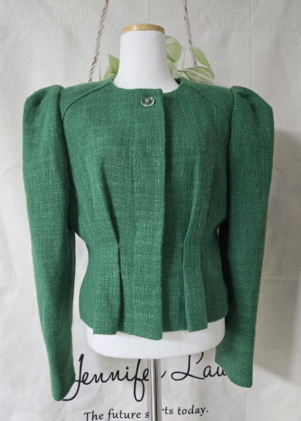 Hally Story 그린 트위드 퍼프 자켓