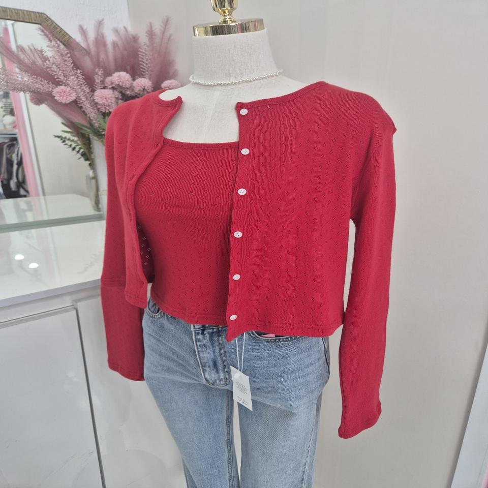 펀칭 니트 가디건 나시 세트 크롭 슬림핏 봄 가을 데일리룩 나들이룩ㅡ무배