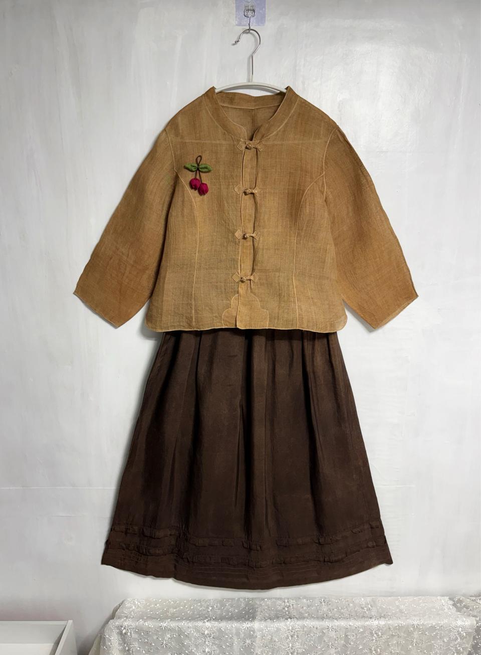 (맞춤옷) 천연 감물염색 모시 저고리, 천연염색 인견 스커트 세트