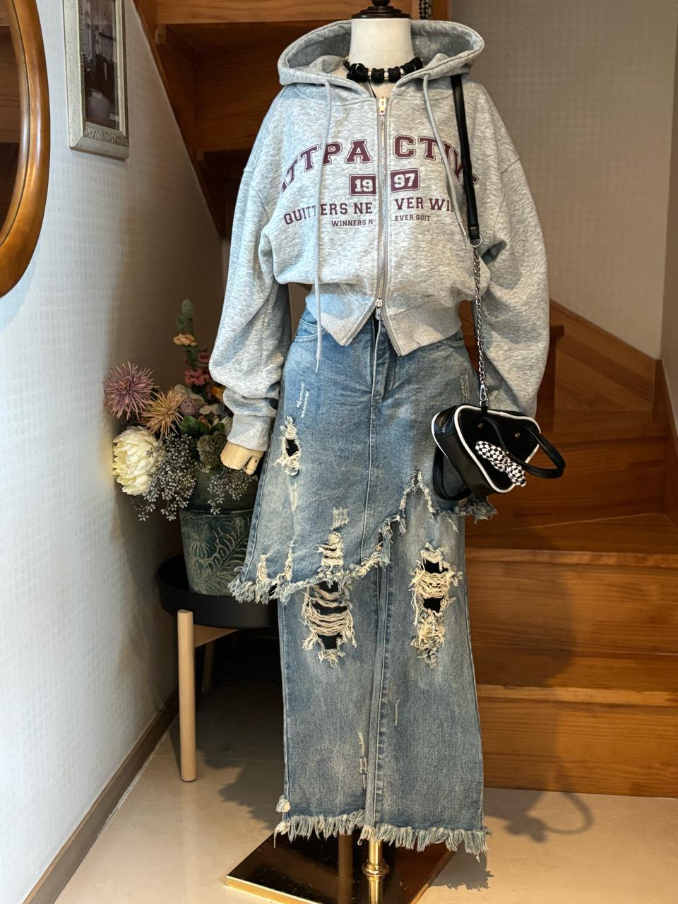 데미지 데님 롱 레이어드