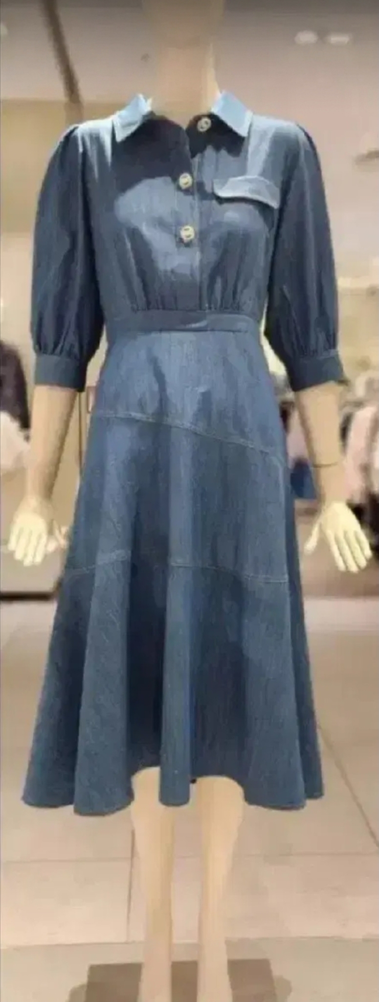 씨씨콜렉트 데님 퍼프소매 허리밴딩 플레어 원피스 66사이즈 새제품