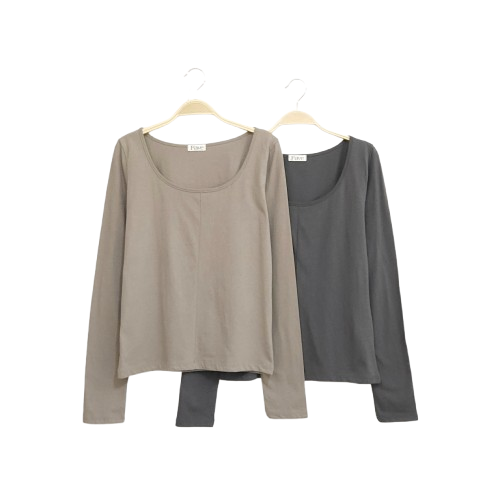 FAVE U넥 절개 코튼 베이지 차콜 티셔츠