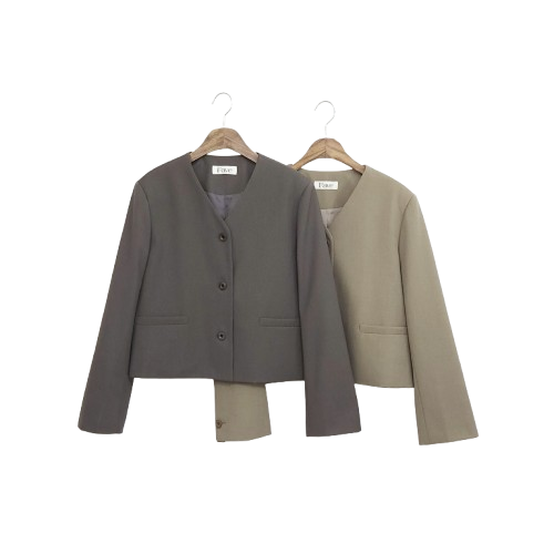 FAVE 노카라 V넥 심플 루즈핏 베이지 차콜 숏자켓