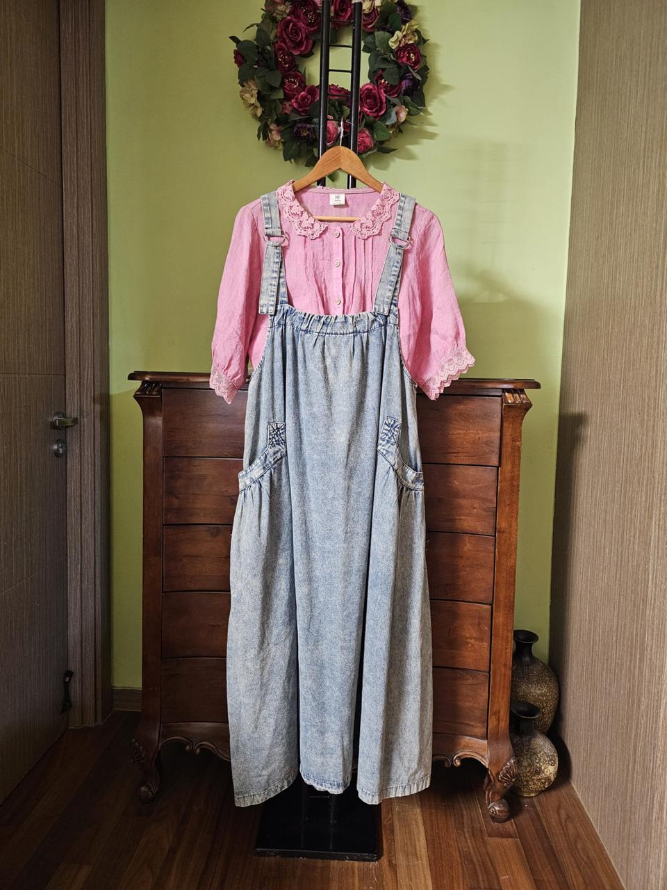 지누시 멜빵 데님원피스