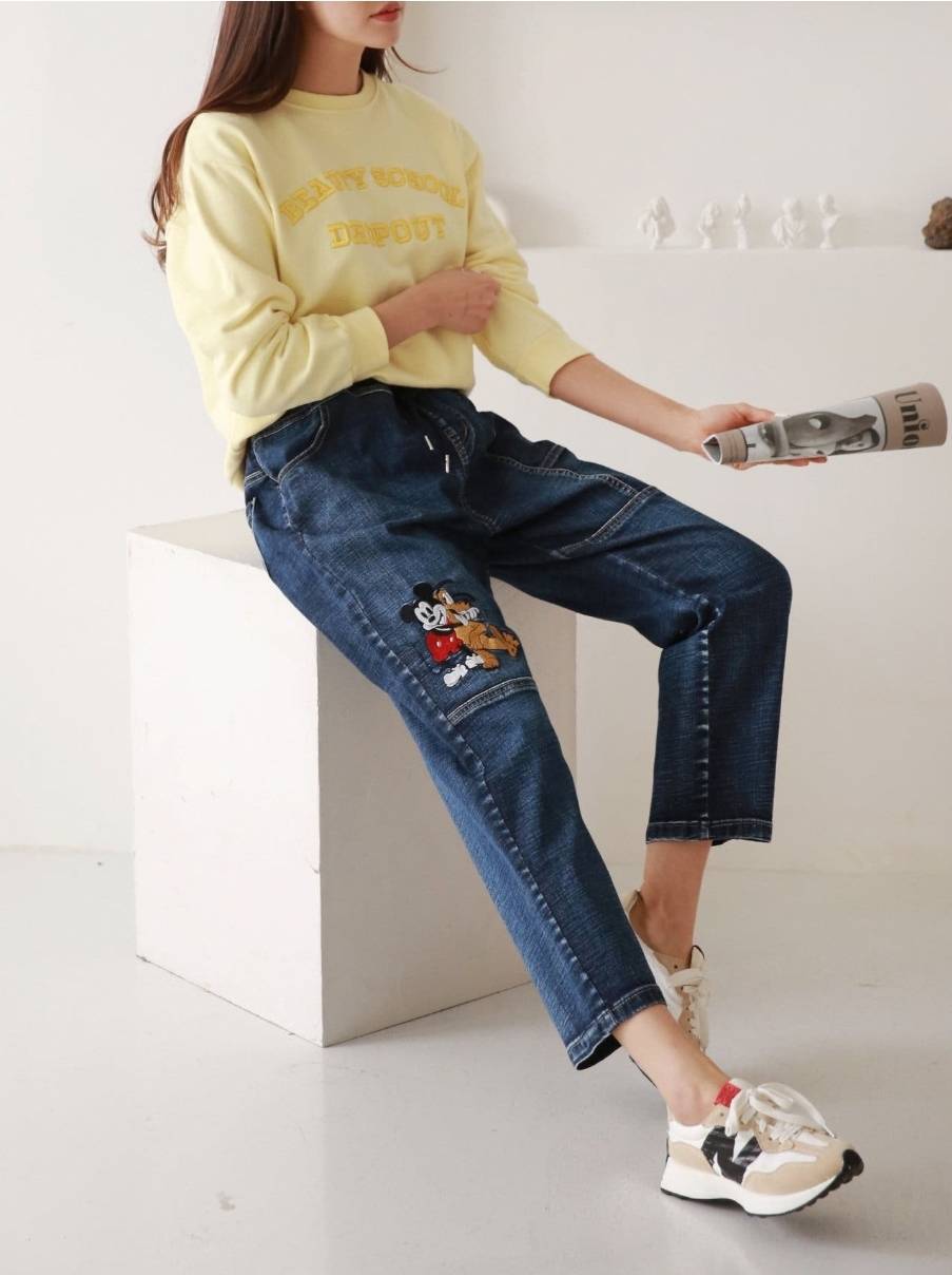 미키자수 밴딩 배기청바지 새상품(77까지/스판짱짱)