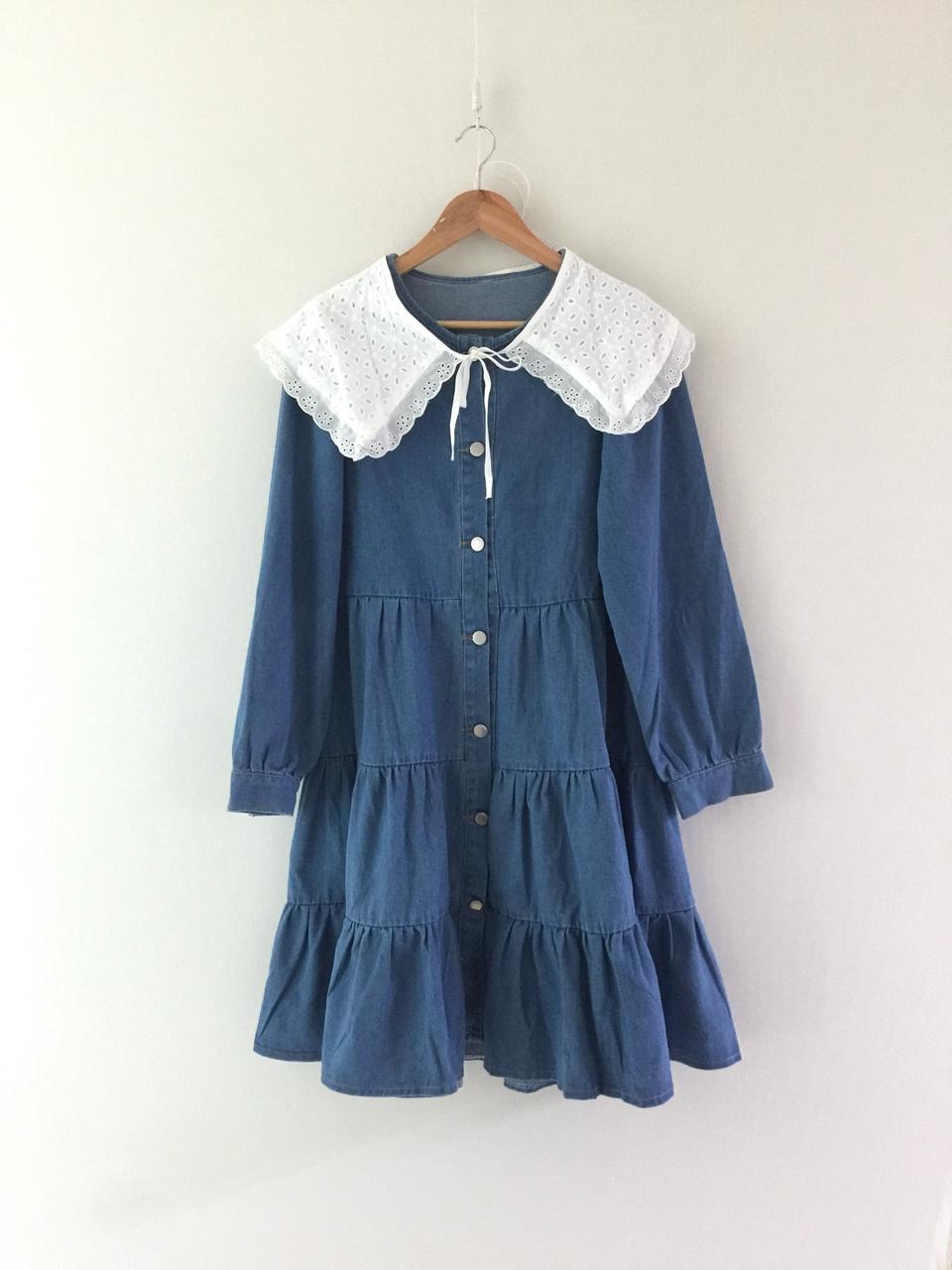 (새) 청 아일렛 레이스카라 (분리가능) 미디 롱 원피스