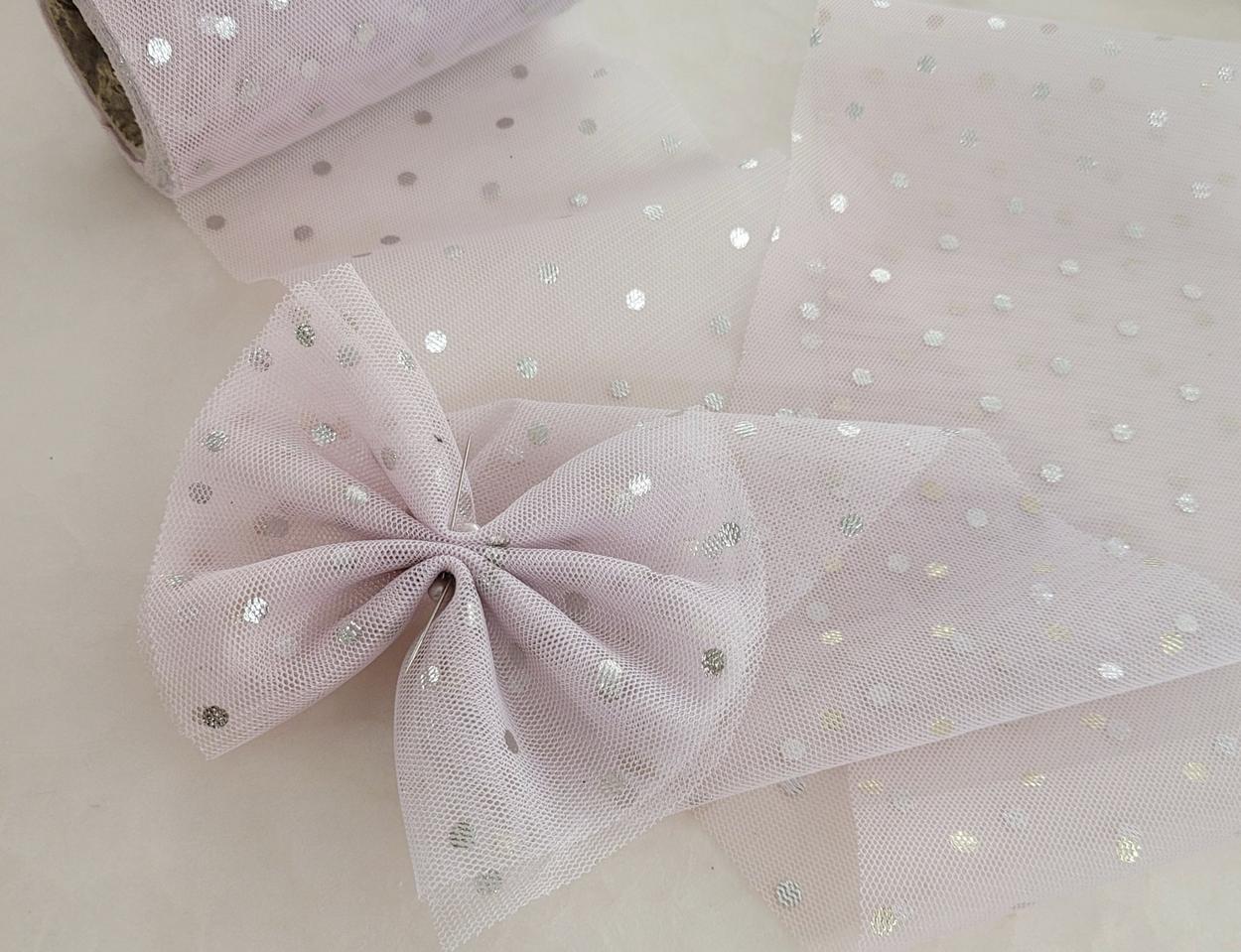 망사리본 연보라 100미리 반짝이 실버도트 12마 일괄