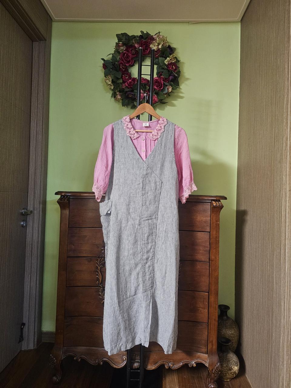 샤밀 린넨100% 오버롤원피스