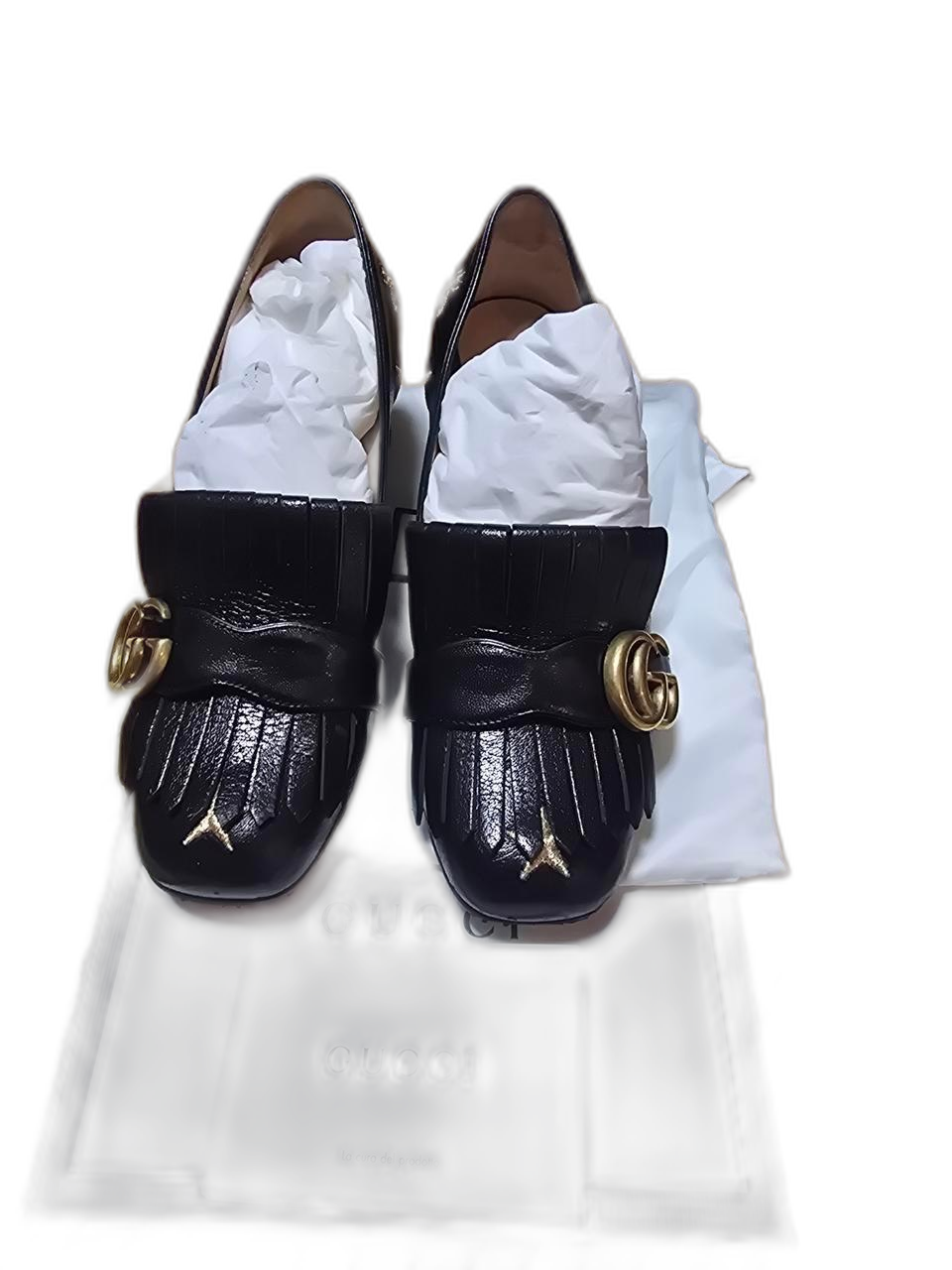 정품 구찌 블랙 레더 로퍼GG장식여성용