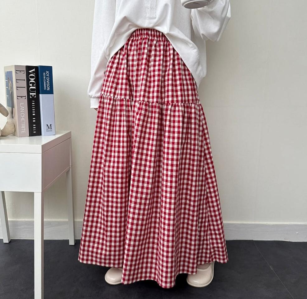 레드 깅엄체크 롱스커트