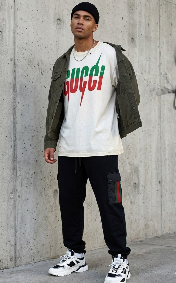 ​[VINTAGE GUCCI] 구찌 삼색 웹 스트라이프 카고 조거 팬츠