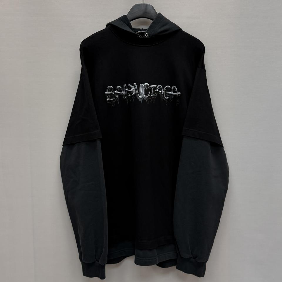 발렌시아가 슬라임 로고 더블 레이어드 슬리브 후드티 ( 110 ) 