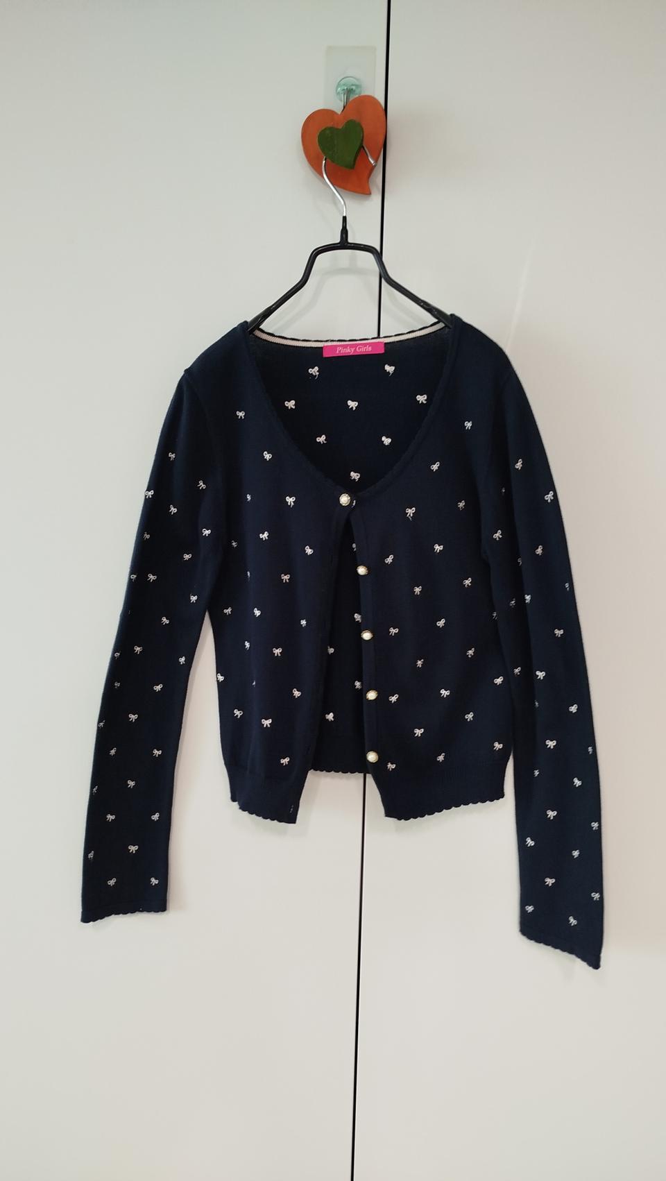 네이비 리본 자수 브이넥 귀여운 니트 가디건