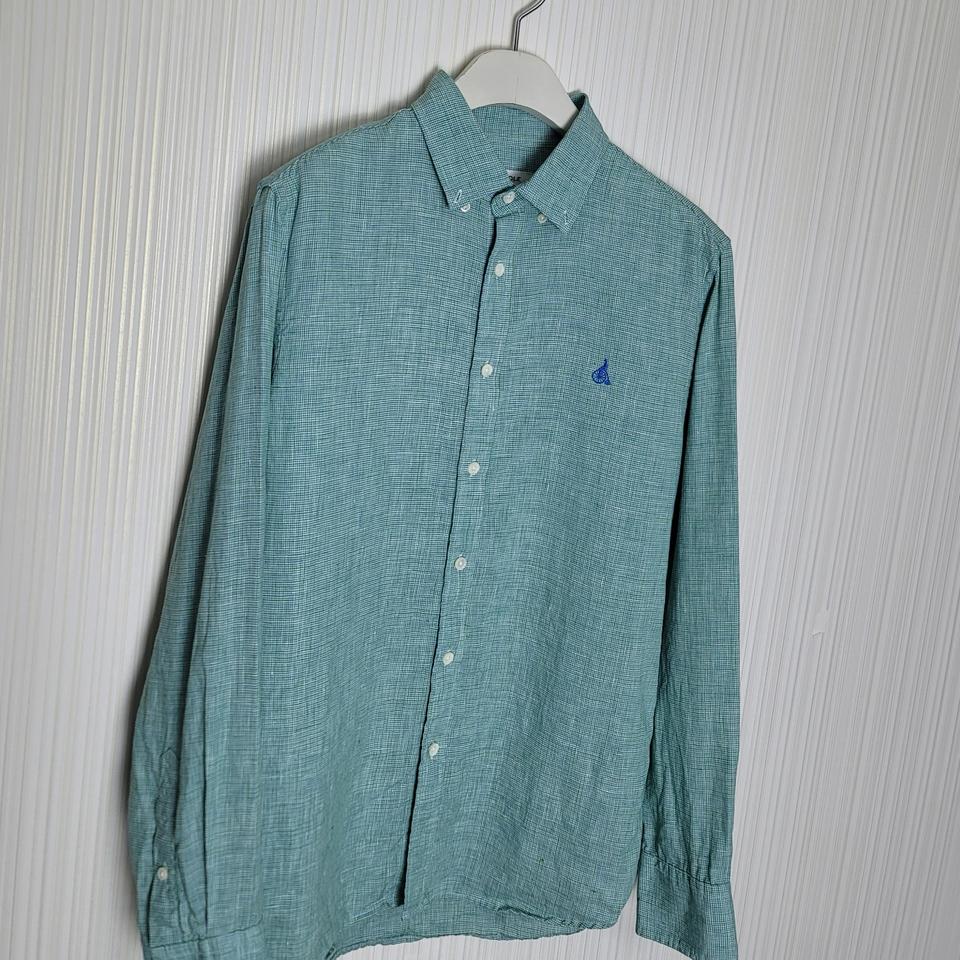 100_빈폴 린넨 셔츠 하운드투스체크 그린블루