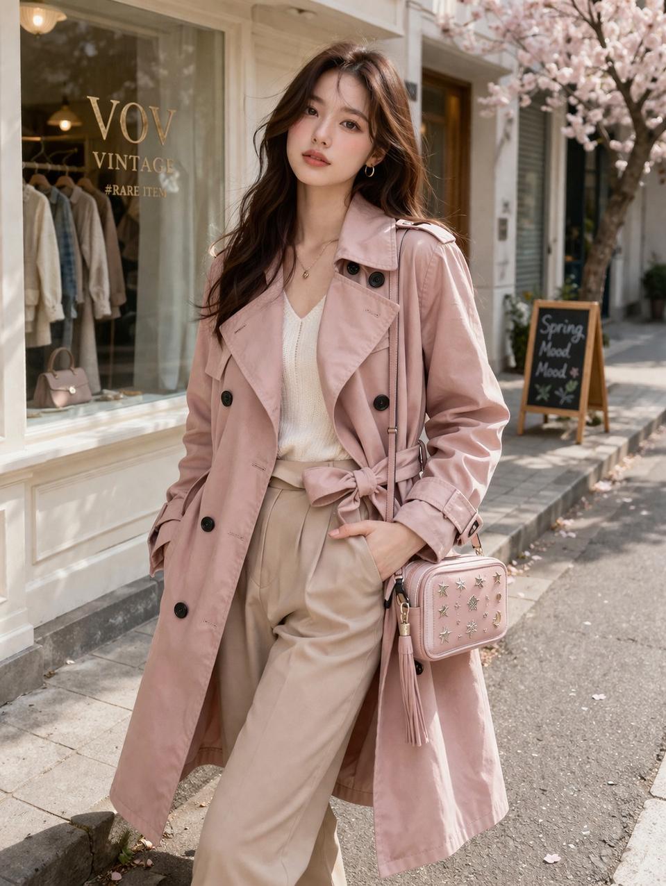 보브 VOV 한정판 인디핑크 트렌치코트 55 벚꽃시즌 감성 코디